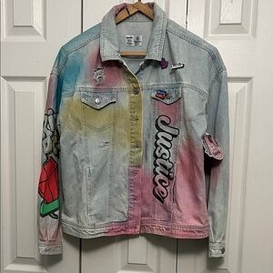 Justice ring pop Bazooka Colorful Denim Jacket with Graphic Pins
